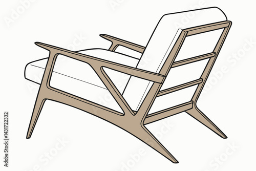 28 Minimalist wooden lounge chair, mid-century modern design, tapered legs, beige fabric upholstery, sleek armrests, angled backrest, Scandinavian aesthetic, neutral tones, clean lines, lightweight ap