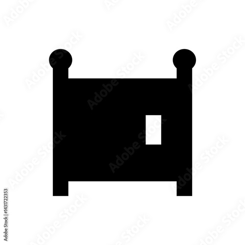 Illustration of a black bed headboard with round finials and a white rectangular opening in the center