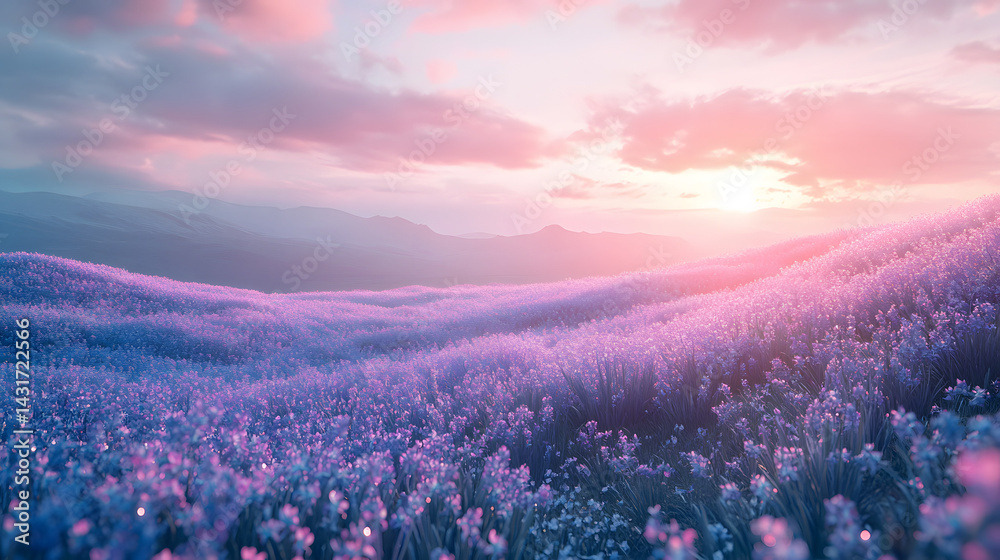 Fototapeta premium field flower meadow beautiful sunset countryside violet blooming pink nature background