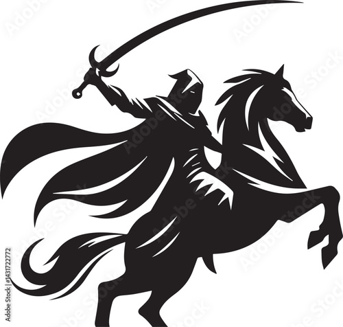 Silhouette of Medieval Warrior on Horse with Sword – Vector Art	