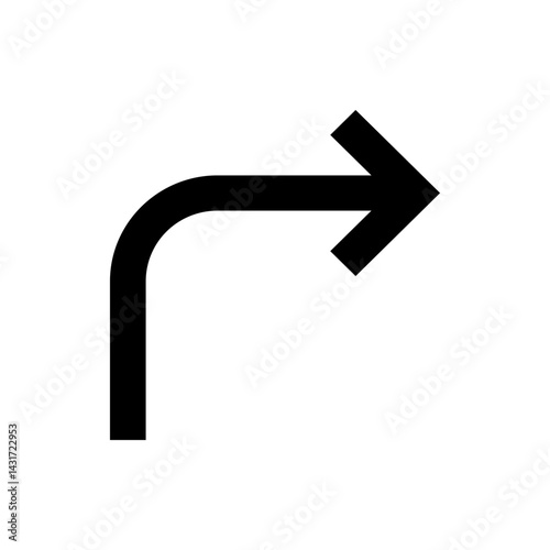 Black arrow turning right with a ninety degree angle on a white background in a simple vector format