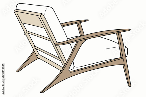28 Minimalist wooden lounge chair, mid-century modern design, tapered legs, beige fabric upholstery, sleek armrests, angled backrest, Scandinavian aesthetic, neutral tones, clean lines, lightweight ap