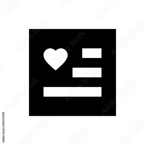 White heart icon with horizontal bars on a black square background in a simple minimalist style design
