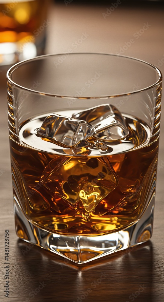 Elegant glass of whiskey with ice cubes on wooden surface for beverage design Elegant glass of whiskey with ice cubes on wooden surface for beverage design