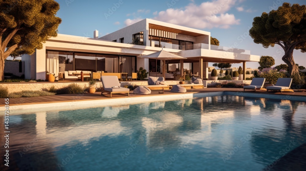Fototapeta premium A fantastic private villa with a terrace view, sunbeds, and a luxury pool, representing a tranquil summer vacation