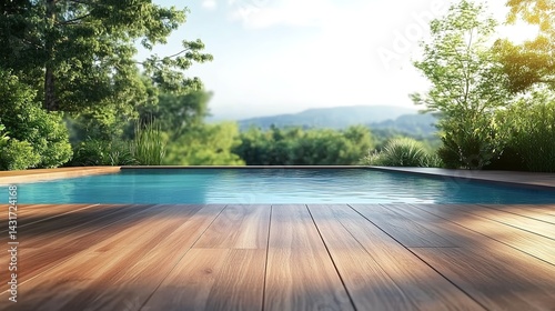 Wallpaper Mural A vanishing-edge swimming pool with blue water, green trees, wooden deck, and sunlight creating a serene outdoor scene. Torontodigital.ca