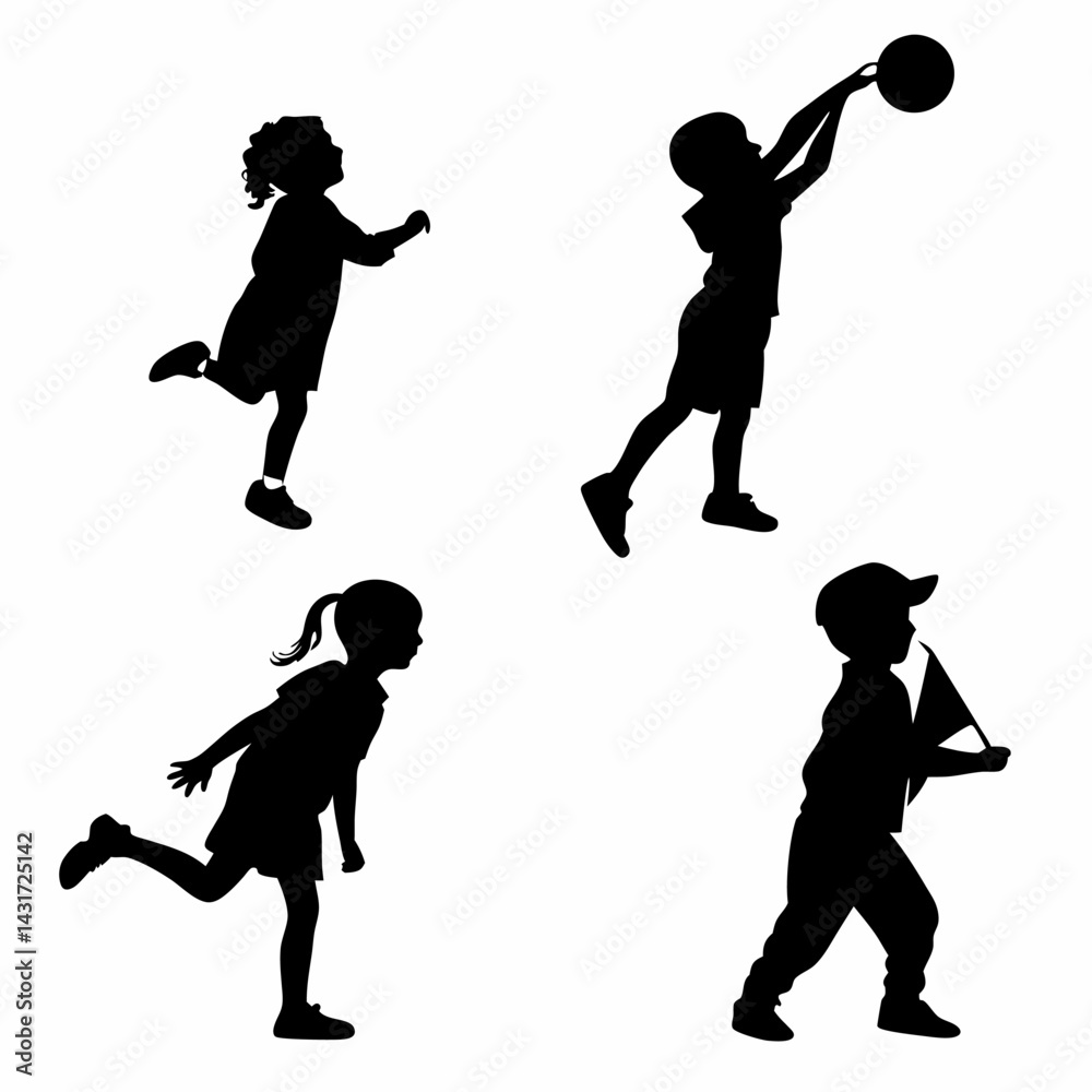 Fototapeta premium Kids Playing Silhouettes: 4 Child Silhouettes - Black and White Vector Graphic Set.