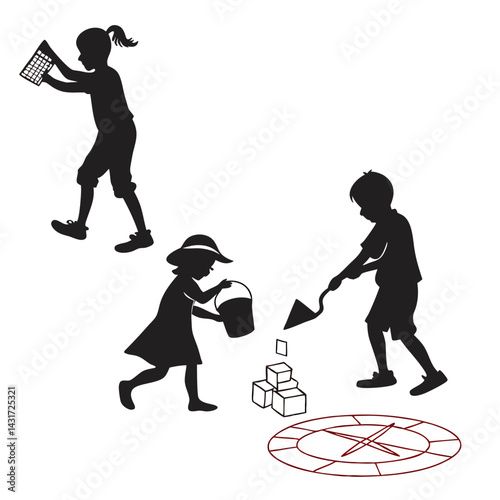 Kids Playing Silhouettes: Girl, Boy, Bucket, Blocks.