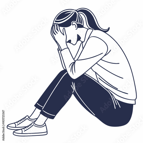 Sad Woman Minimalist Line Art Illustration - Depression, Loneliness.