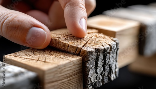 A hand is touching a piece of wood with a tree trunk on it