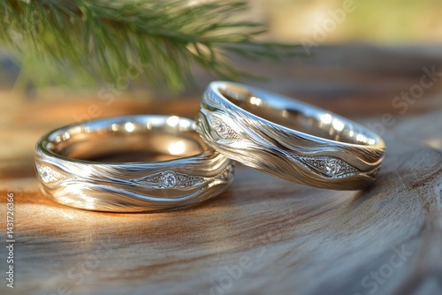 Delicate, wave-patterned wedding rings on a wooden surface. photo