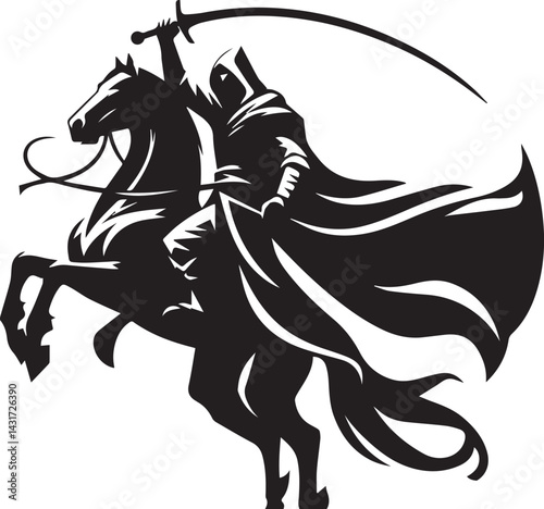 Silhouette of Medieval Warrior on Horse with Sword – Vector Art	