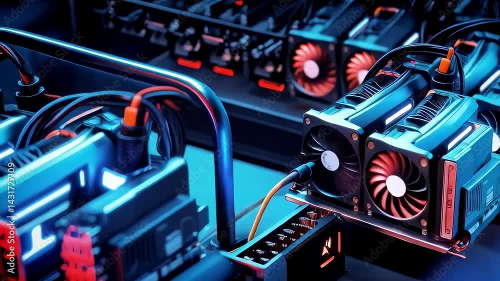 Cryptocurrency Mining Rig with Glowing GPU Lights in a Dark Server Room. Futuristic Digital Wealth, Blockchain, and Tech Investment Concept