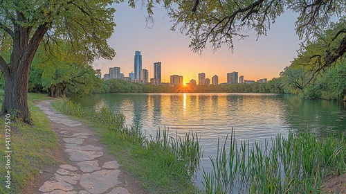 Austin Skyline Sunset at Lady Bird Lake: A Serene Evening Stroll