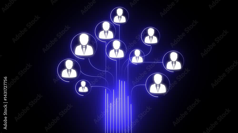 Animation of network of connections with people icons over Social network media concept tree Digital network connecting people globally, with glowing background Animation of network of connections with people icons over Social network media concept tree Digital network connecting people globally, with glowing background