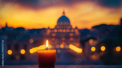 Focus on a burning candle in the evening with St. Peter's Basilica in the background, death of the pope pontiff. Important church in vatican city in the background. Respect and commemoration.