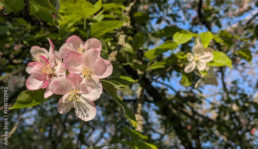 Obraz premium Natural background with pink apple blossom and green leaves