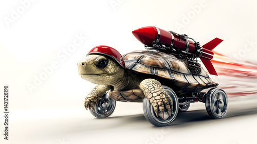 Turtle with wheels, rocket-powered turtle, turtle wearing a helmet, red rocket booster, speeding turtle, comical animal transportation, surreal animal hybrid, white background