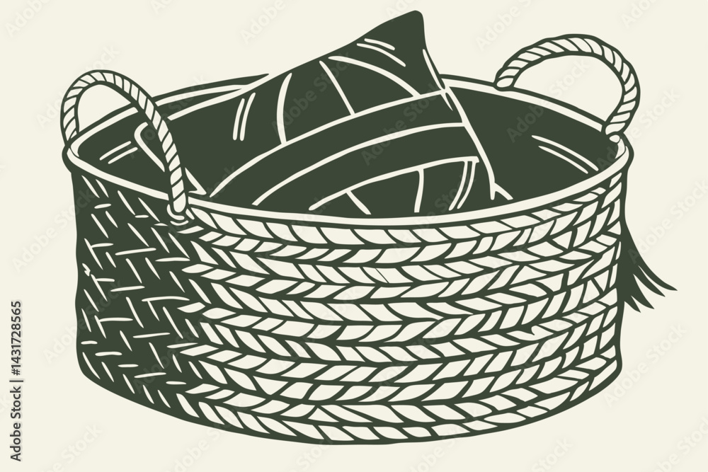 Obraz premium 31 Woven fabric basket, dark sage green, textured surface, overlapping layers, rounded square shape, handles on sides, soft cushion design, minimalist style, modern home decor, intricate weave pattern