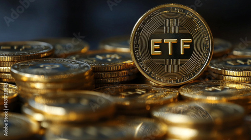 Stacks of shiny gold coins in sharp focus with blurred modern 