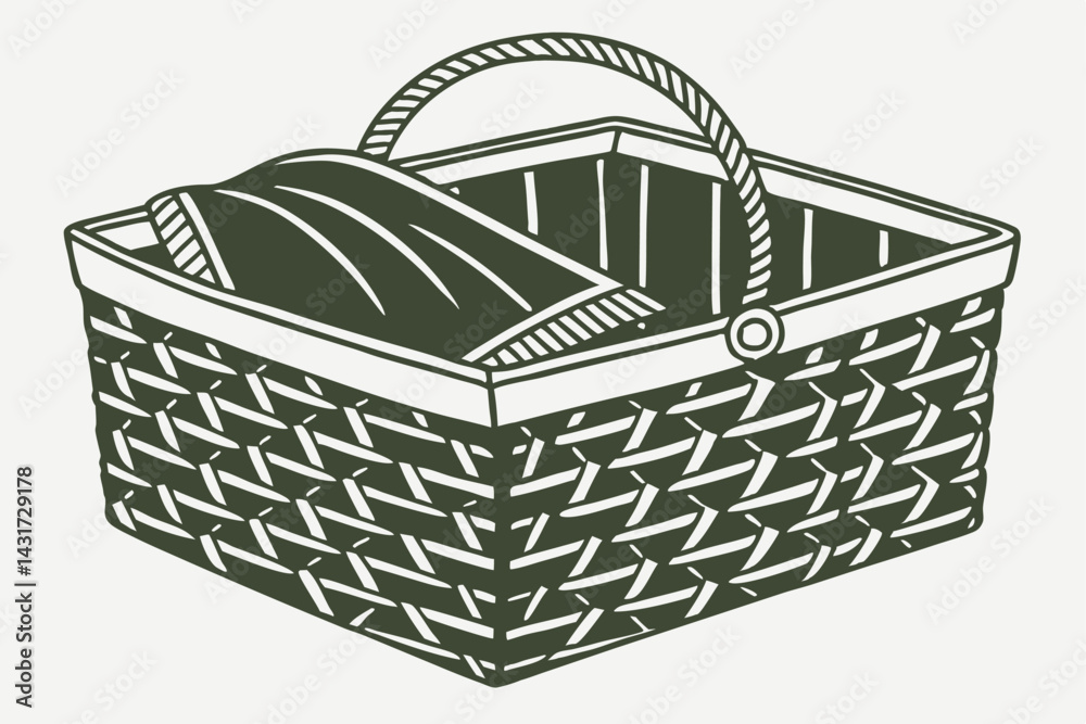 Obraz premium 31 Woven fabric basket, dark sage green, textured surface, overlapping layers, rounded square shape, handles on sides, soft cushion design, minimalist style, modern home decor, intricate weave pattern