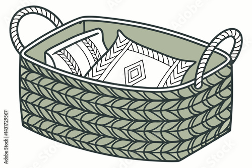 31 Woven fabric basket, dark sage green, textured surface, overlapping layers, rounded square shape, handles on sides, soft cushion design, minimalist style, modern home decor, intricate weave pattern