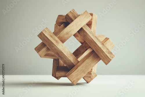 Intricate wooden puzzle structure on a light surface. photo