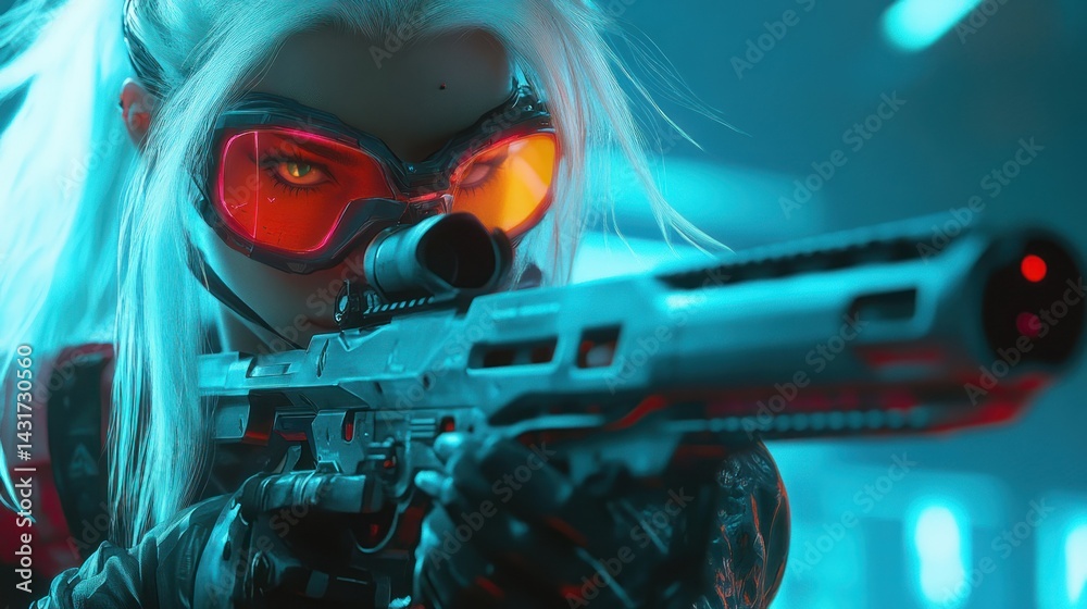 Fototapeta premium A white haired female hunter agent wearing glasses holding a high tech rifle, background wallpaper AI generated image