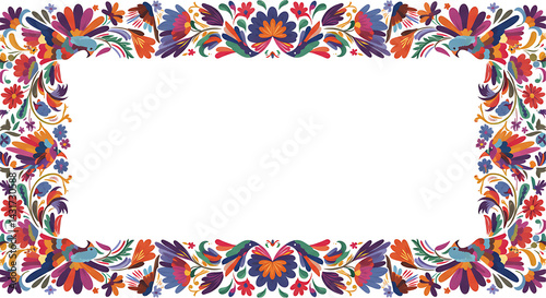 Ornate Rectangular Frame: Colorful Mexican Otomi Embroidery with Birds and Flowers for Cinco de Mayo Celebrations, Folk Art Illustration on Black Background