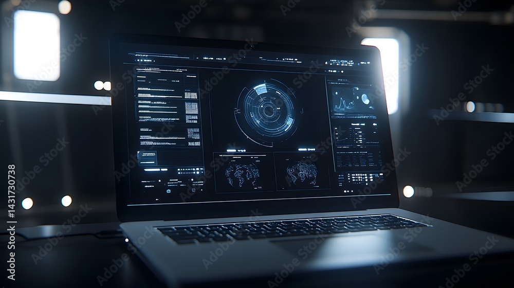 Fototapeta premium A futuristic laptop displays complex data visualizations, including world maps, charts, and graphs.