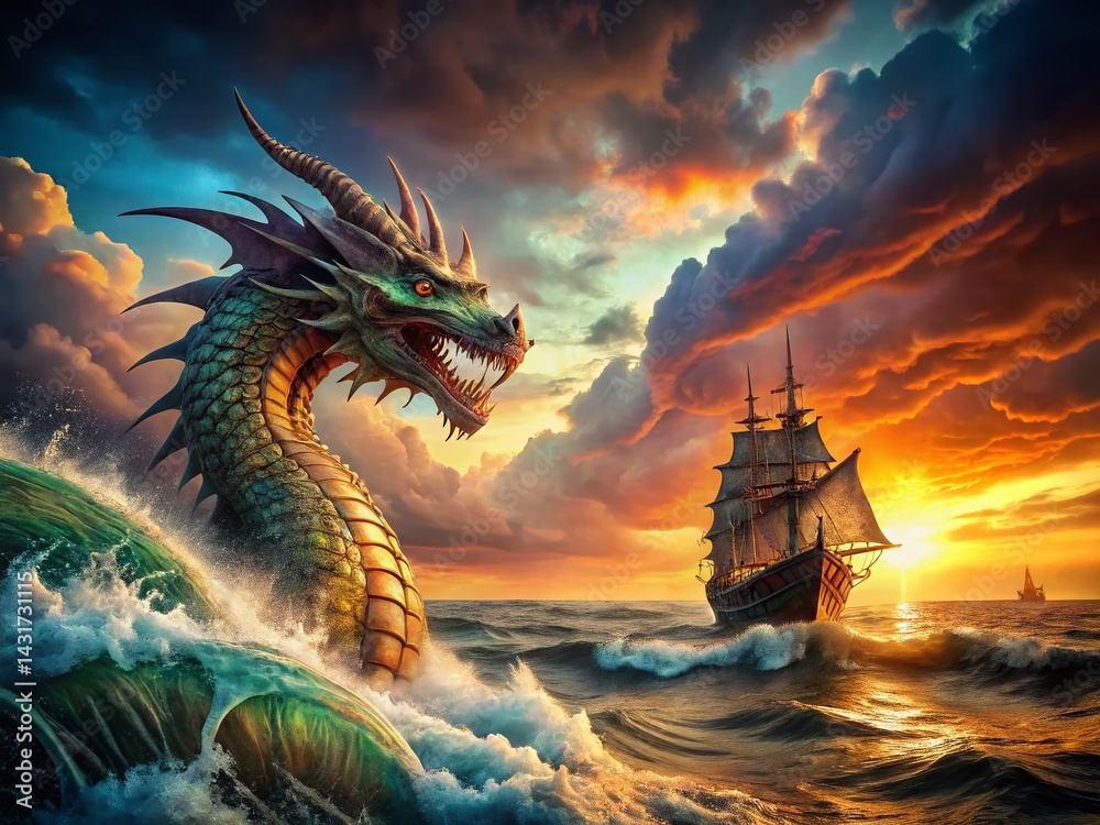 Majestic Dragon vs. Ship: Epic Ocean Battle Under Dramatic Sky - Stock Photo