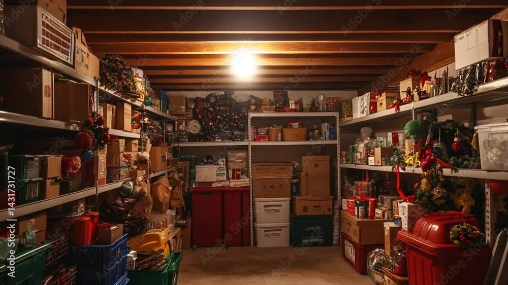 A cluttered storage room filled with Christmas decorations and various household items.  Shelves overflow with boxes, containers, and festive ornaments, creating a sense of organized chaos.