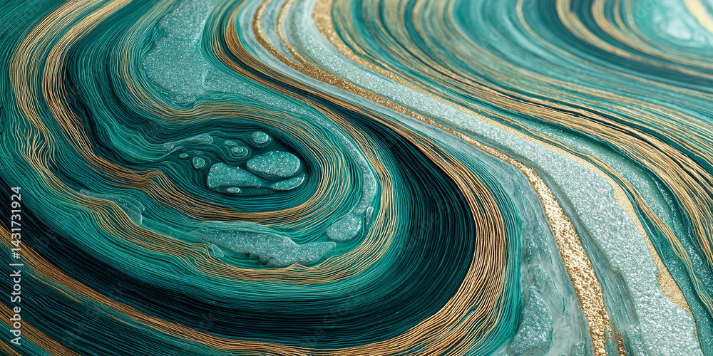 Fototapeta Teal and gold abstract swirl pattern, layered texture resembling precious stone, evokes luxury and elegance, ideal for design backgrounds