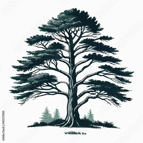 Stylized digital illustration of a coniferous tree with bold outlines, flat style, strong trunk and spread branches, ideal for nature graphics, vector art, and forest-themed design