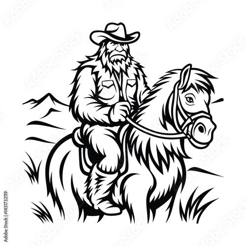 cowboy bigfoot riding horse in wild west