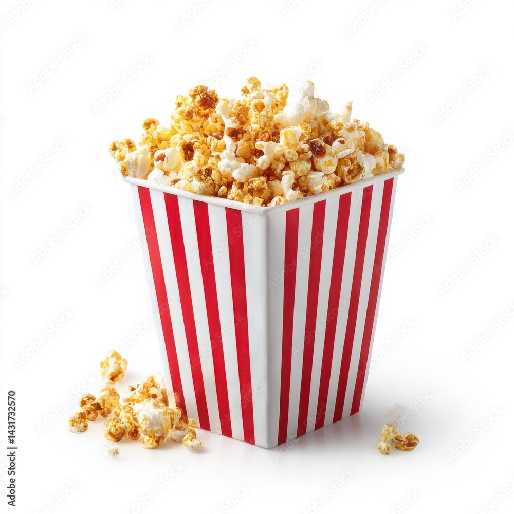 Popcorn in striped bucket still life on white background Popcorn in striped bucket still life on white background
