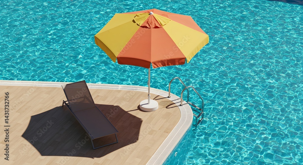 Fototapeta premium Sunshade umbrella and lounge chair by pool under strong sun