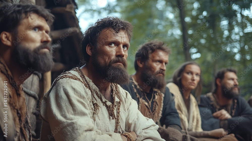 A group of bearded men sitting in a forest, thoughtfully looking into the distance A group of bearded men sitting in a forest, thoughtfully looking into the distance