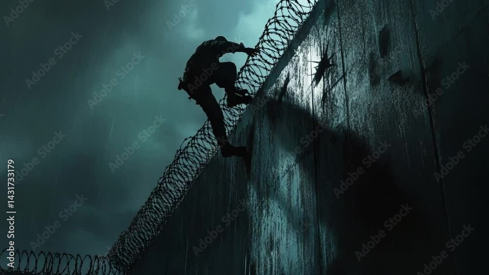 Escape Under Stormy Night: A Man Scaling a Barbed Wire Fence