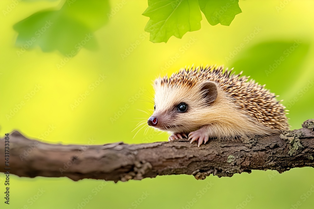 A cute hedgehog perched on a branch with green leaves in the background