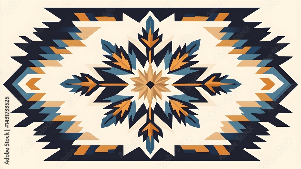 A geometric pattern with a snowflake design in the center, surrounded by a border of triangles and zigzags in blue, brown, and cream colors