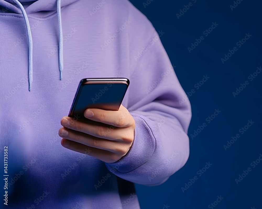 A hand in a purple hoodie holds a black smartphone against a blue background