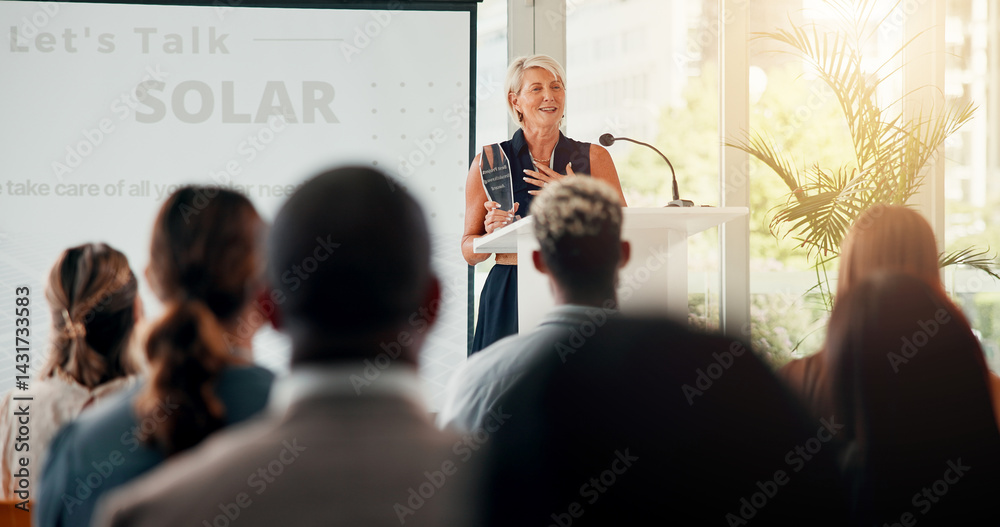 Sustainability, business and woman with solar award, presentation and success for innovation project. People, employee and celebration with support, audience and renewable energy with happy speaker