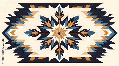 Obraz na płótnie A geometric pattern with a snowflake design in the center, surrounded by a border of triangles and zigzags in blue, brown, and cream colors w salonie
