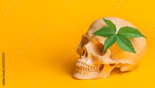 Obraz na płótnie A human skull with a green leaf on its head against a yellow background w salonie