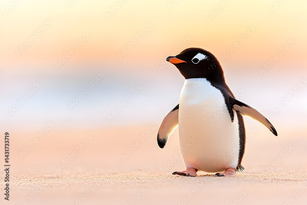 A penguin chick standing on a beach at sunset