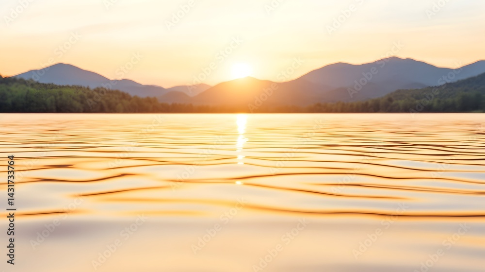 A peaceful sunset over a still lake with a distant mountain range