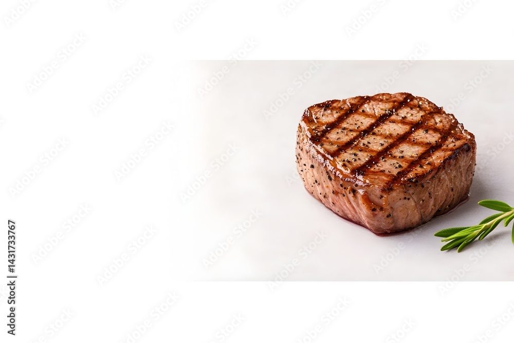 A perfectly grilled steak with grill marks and a sprig of rosemary on a white background