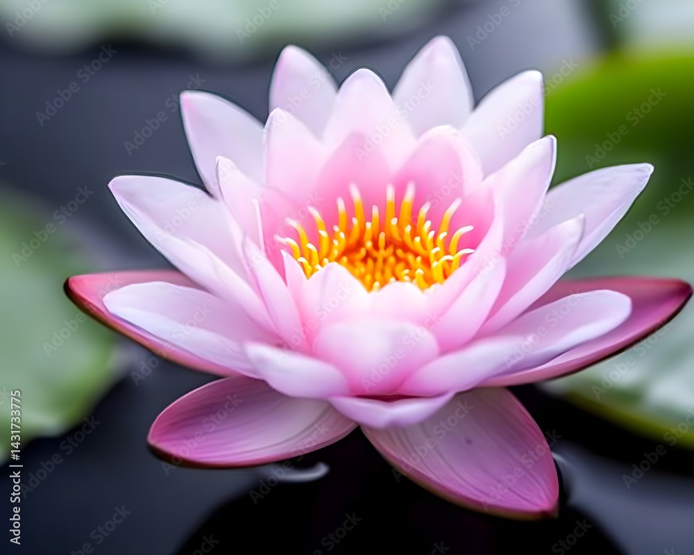 A pink water lily blossom with yellow center floats on water with green lily pads