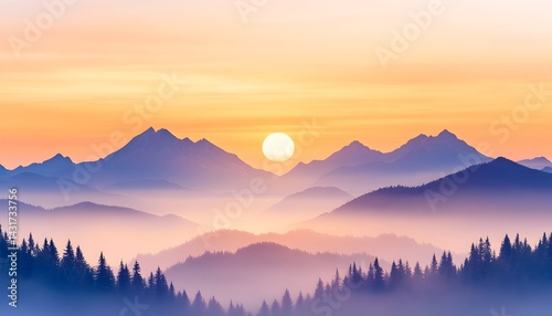 Obraz na płótnie A panoramic view of a mountain range silhouetted against a vibrant sunrise w salonie